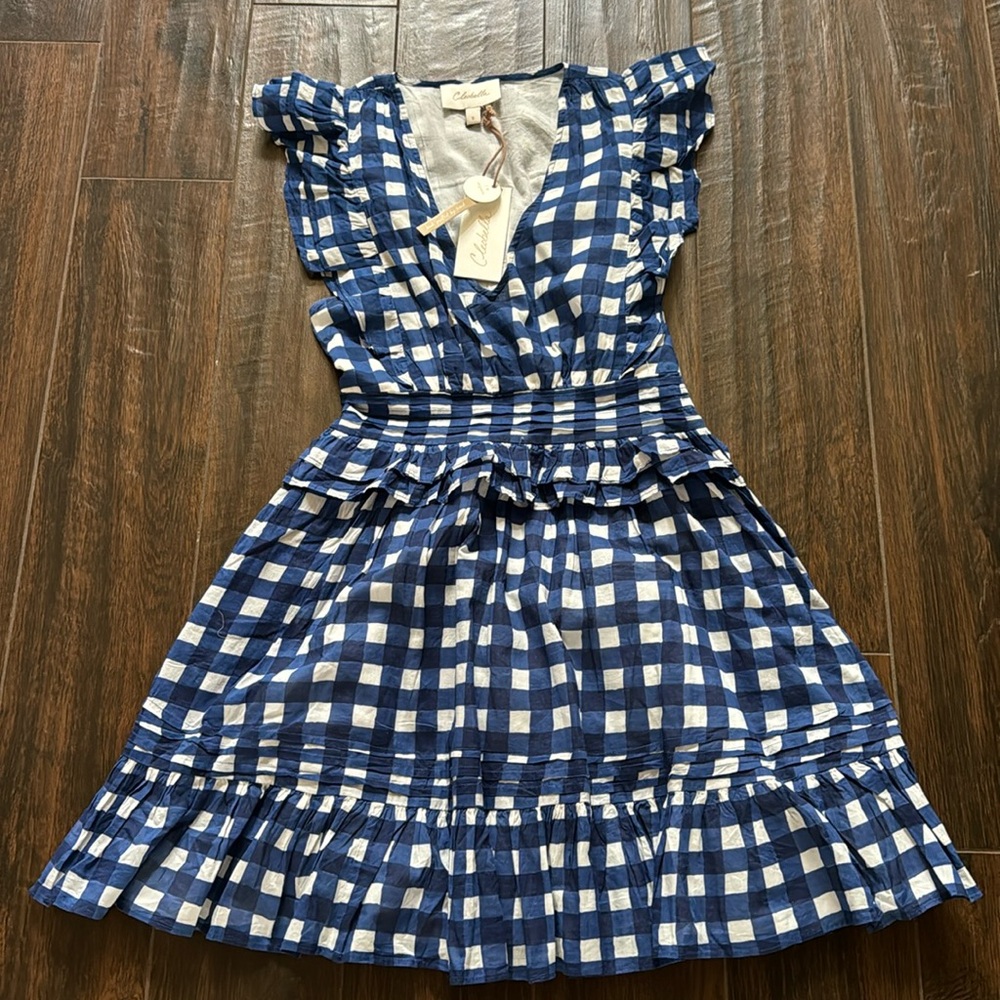 Cleobella Blue and White Gingham Ruffle Mini Dress